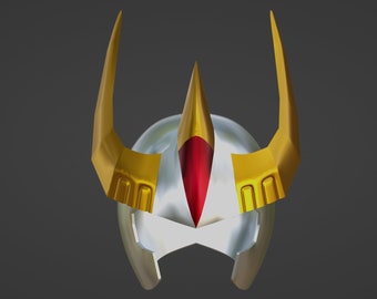 May include: A silver helmet with two gold horns and a red jewel on top. The helmet has a detailed design with a textured surface.
