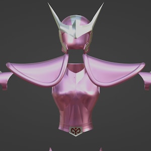 Puede incluir: Armadura rosa y plateada con casco, hombreras y guanteletes. La armadura tiene un símbolo en forma de corazón en el pecho.