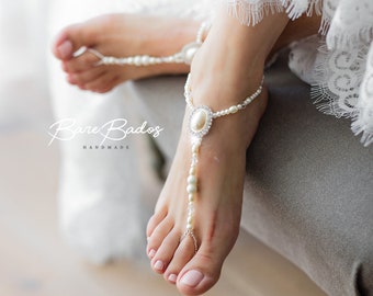 Ivory Pearl Barefoot sandals wedding, Beach wedding, Pearl footless sandals, bottomless bridal shoes, wedding shoes, Bohemian jewelry