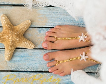 Gold wedding Barefoot sandals, Starfish footless sandals in gold, Beach wedding, barefoot jewelry, wedding shoes, soleless sandals