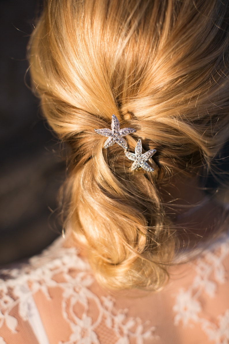 Starfish hair pins, wedding hair pins, silver starfish hair accessory, Bridal starfish Hair Clips, beach wedding rhinestone starfish pins image 2