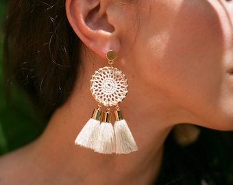 Dream catcher earrings, crochet earrings, bohemian earring, boho wedding, Statement tassel earrings, Rose gold Jewelry, Bohemian Gift