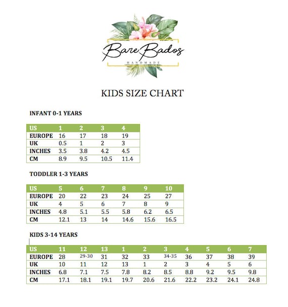 Barefoot Sandal Size Chart