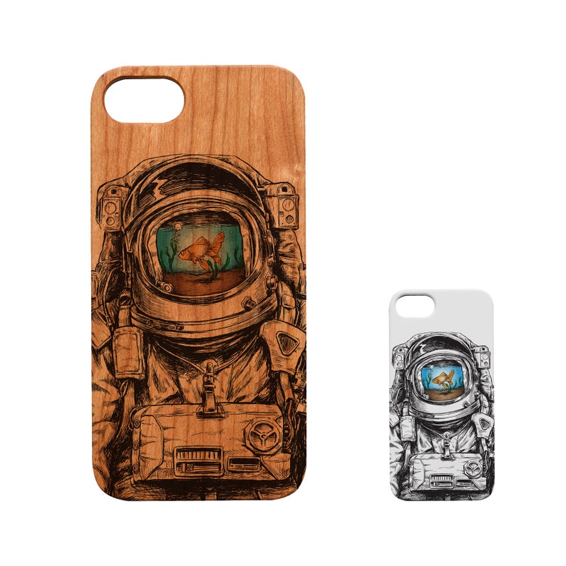 iPhone 14 /13 / 12/ 11 (Mini ,Pro, Pro Max,Plus)Xs,Xr,X,SE Samsung S20/S21/22 UL FE Note 9 10+ 20 S9+ S8+ Wood Case, Astronaut Goldfish (U) 