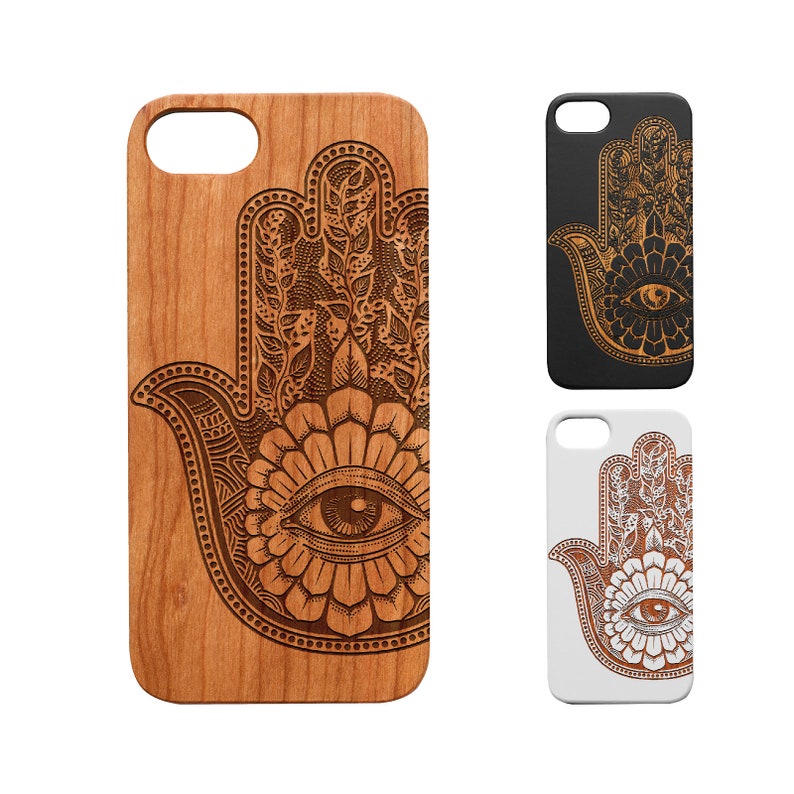 iPhone 14/ 13 / 12/ 11 (Mini ,Pro, Pro Max,Plus) Xs,Xr,X,SE,8+, Samsung S20/S21/22 UL,+,FE Note 8 9 10+ 20 S9+ S8+ Wood Case, Hamsa 1 - L 