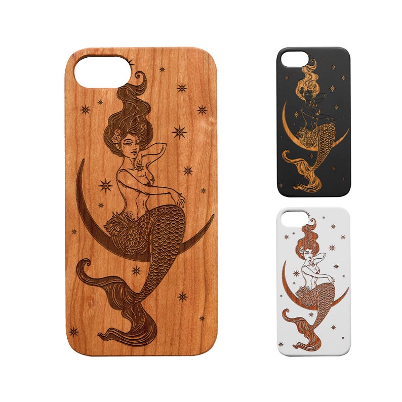 iPhone 14 /13 / 12/ 11 (Mini ,Pro, Pro Max,Plus)Xs,Xr,X,SE, Samsung S20/S21/S22 Ul Fe Note 9 10+ 20 S9+ S8+ Wood Case, Mermaid In The Moon L 