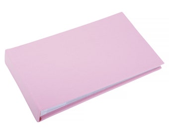 Plain baby pink linen photo album - Holds 40 photos (6x4 inch size) with lined message area beside each clear sleeve