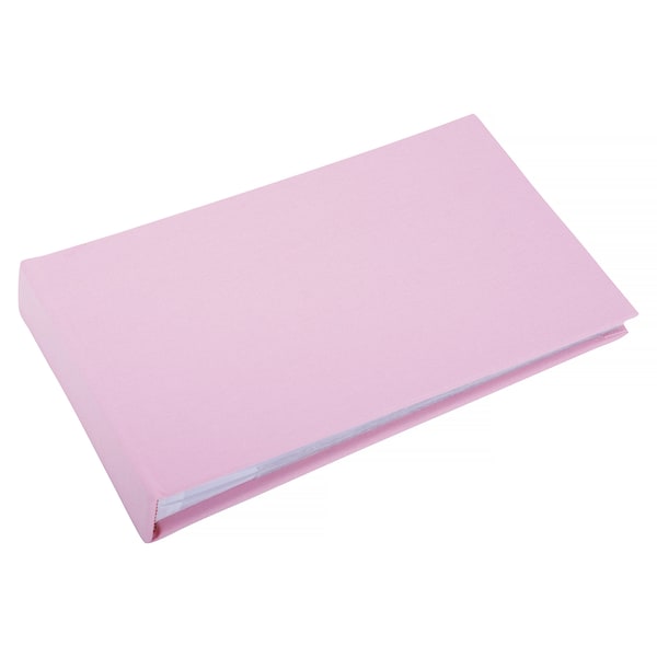 Plain baby pink linen photo album - Holds 40 photos (6x4 inch size) with lined message area beside each clear sleeve