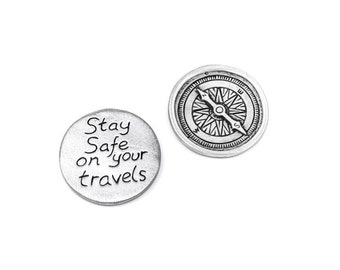 Compass design pocket travel token, handmade in zinc metal & double sided.