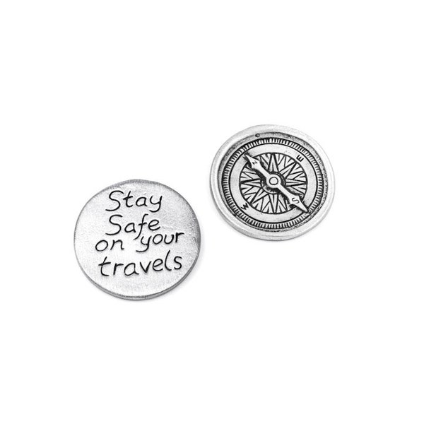 Compass design pocket travel token, handmade in zinc metal & double sided.