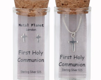 First Holy Communion GIFT SET sterling silver cross necklace and 925 cross stud set in beautiful glass bottle