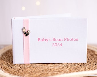 Baby's Scan Photo album 2024 - White with pink stitched ribbon & footprints