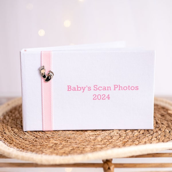 Baby's Scan Photo album 2024 - White with pink stitched ribbon & footprints