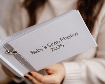 Grey/Pink/Blue Baby's Scan Photos 2025 - White with grey/pink/blue stitched ribbon & footprints