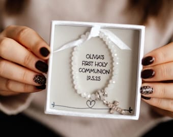Personalised First Holy Communion bracelet - Pearlescent beads with a sparkly cross (childsize) bracelet