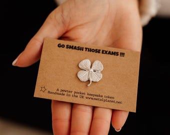 Good Luck 'Go Smash Those Exams' Metal Shamrock Pocket Token - Handmade in UK