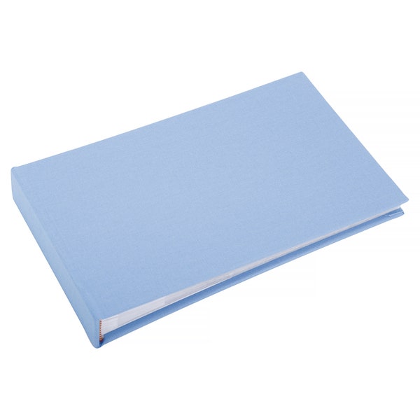 Plain baby blue linen photo album - Holds 40 photos (6x4 inch size) with lined message area beside each clear sleeve