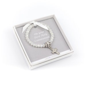 First Holy Communion cross/pearlescent childsize bracelet with a sparkly cross - Handmade in the UK