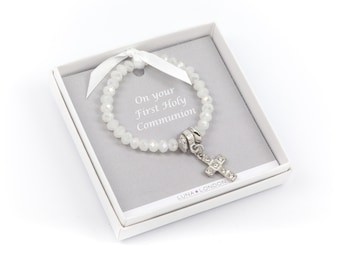 First Holy Communion cross/pearlescent childsize bracelet with a sparkly cross - Handmade in the UK