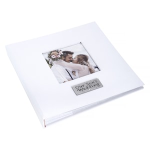 Our Son&#39;s Wedding white linen album with window to add your own photo - Holds 100 6x4 inch photos in clear slip in sleeves