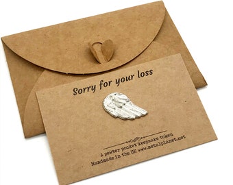 Sorry for your loss - Angel Wing pewter pocket keepsake, Handmade in the UK.