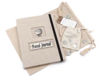 Travel Journal (Personalised bag option) - A5 size lined journal with a drawstring bag and a bag of pewter keepsakes