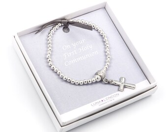 First Holy Communion cross design, delicate silver plated (childsize) bracelet in a giftbox, pewter cross handmade in the UK