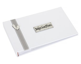 Baby's Scan Photo album  - White with grey stitched ribbon & footprints