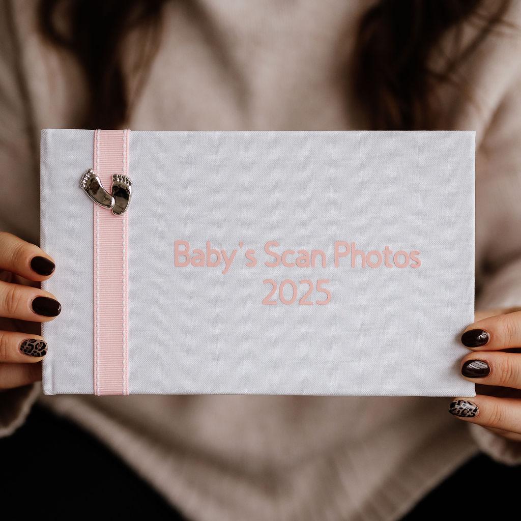 Pink/Blue/Grey 2025 Baby's Scan Photos 2025 - White with pink/blue/grey stitched ribbon & footprints