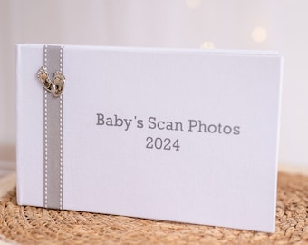 Baby's Scan Photo album 2024 - White with grey stitched ribbon & footprints