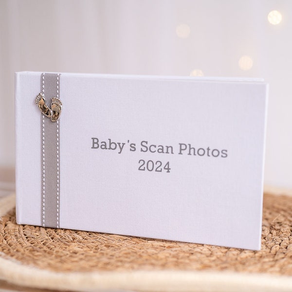 Baby's Scan Photo album 2024 - White with grey stitched ribbon & footprints