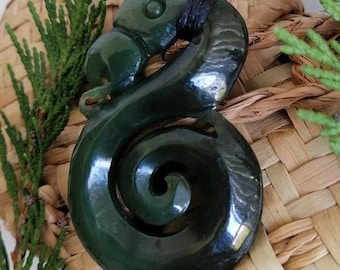 New Zealand Jade Greenstone Manaia Koru Large Size Pendant (55mm L x 33mm W, Unisex)