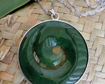 New Zealand Jade Polished Koru Fern with Stirling Silver Large Pendant (Length 42mm - Unisex)