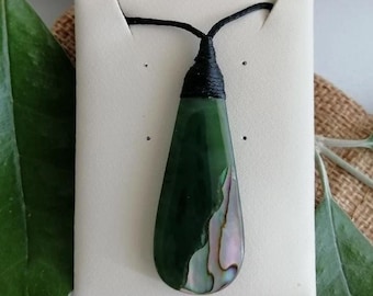 New Zealand Nephrite Jade and Paua Drop Shape Pendant (45mm Length, Unisex)