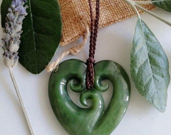 New Zealand Jade Greenstone Pounamu koru Heart Large pendant 50mm L x 48mm W