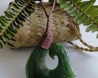 New Zealand Jade Greenstone Polished Bound Fish Hook X LARGE pendant (70mm L x 45mm W, Unisex)