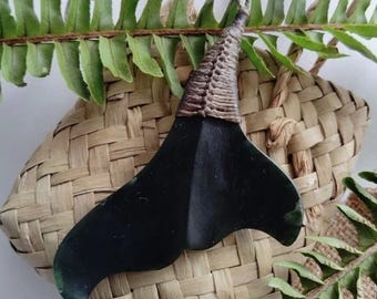 New Zealand Jade Greenstone Matte Whale Tail Large size pendant (60mm W x 8mm D, Unisex)