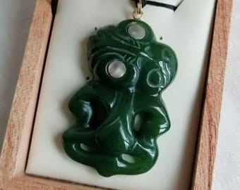 New Zealand Jade - Maori Style Polished Tiki Jade Paua Large Size Necklace Pendant (47.5 mm, Unisex)