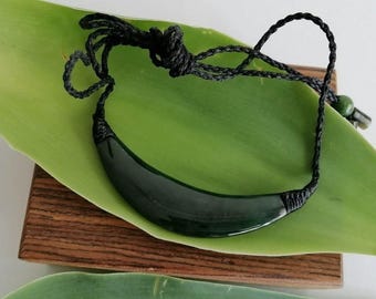 New Zealand Jade Necklace, Polished Greenstone Curve Pendant, Maori Style - 69mm Length, Unisex