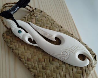 New Zealand Maori Style Bone Carving Manaia Paua XL Pendant 115 mm L Unisex