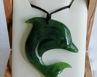 New Zealand Natural Jade Dolphin Large Polished Pendant (40mm Length, Unisex)