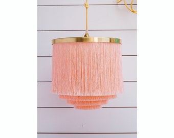 Fringe Light *P I L L O W T A L K* Lampshade in Softest Shell Pink and Brass Largest Size
