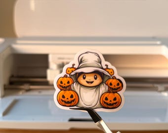 Kawaii Ghost with Pumpkins Sticker, Waterproof Vinyl Decal