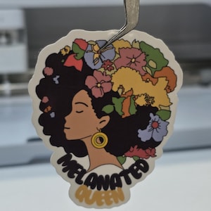 Melanated Queen Sticker - Floral Afro Art, Black Girl Magic Decal, Laptop Sticker, Water Bottle Sticker