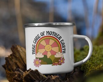 Cuide la Taza de Camping de Esmalte Madre Tierra / Taza de Té de Café Cambio Climático / 12 oz
