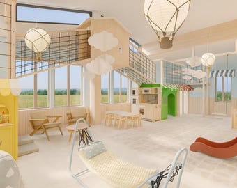 Könnte beinhalten: Ein Indoor-Kinderspielplatz mit Rutsche, Hängematte und Spielhaus. Das Spielhaus hat ein Bäckereischild. Der Raum ist mit Wolken- und Heißluftballon-Dekorationen geschmückt. Das Farbschema ist hell und luftig mit Pastellfarben.
