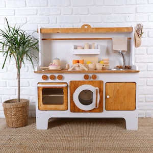Handcrafed Wooden Play Kitchen | White and Natural | Customizable | Play Area Pretend Play Toys