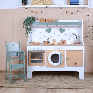 Handcrafed Wooden Play Kitchen | White and Green | Customizable | Play Area Pretend Play Toys