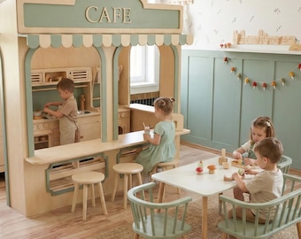 Personalized Wooden Kids Playhouse 4×6 ft | Custom Indoor Café & Bakery Theme | Toys + Furniture Included