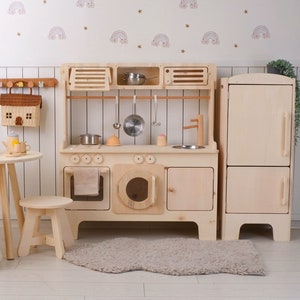 Handcrafed Wooden Play Kitchen With Hood and Microwave Customizable Play Area Pretend Play Toys image 2